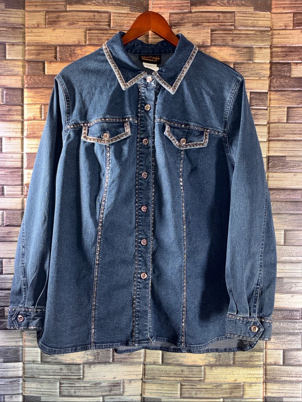 Classic EUC Bob Mackie Blue Denim Shacket with Silver Rhinestone Trim 1X